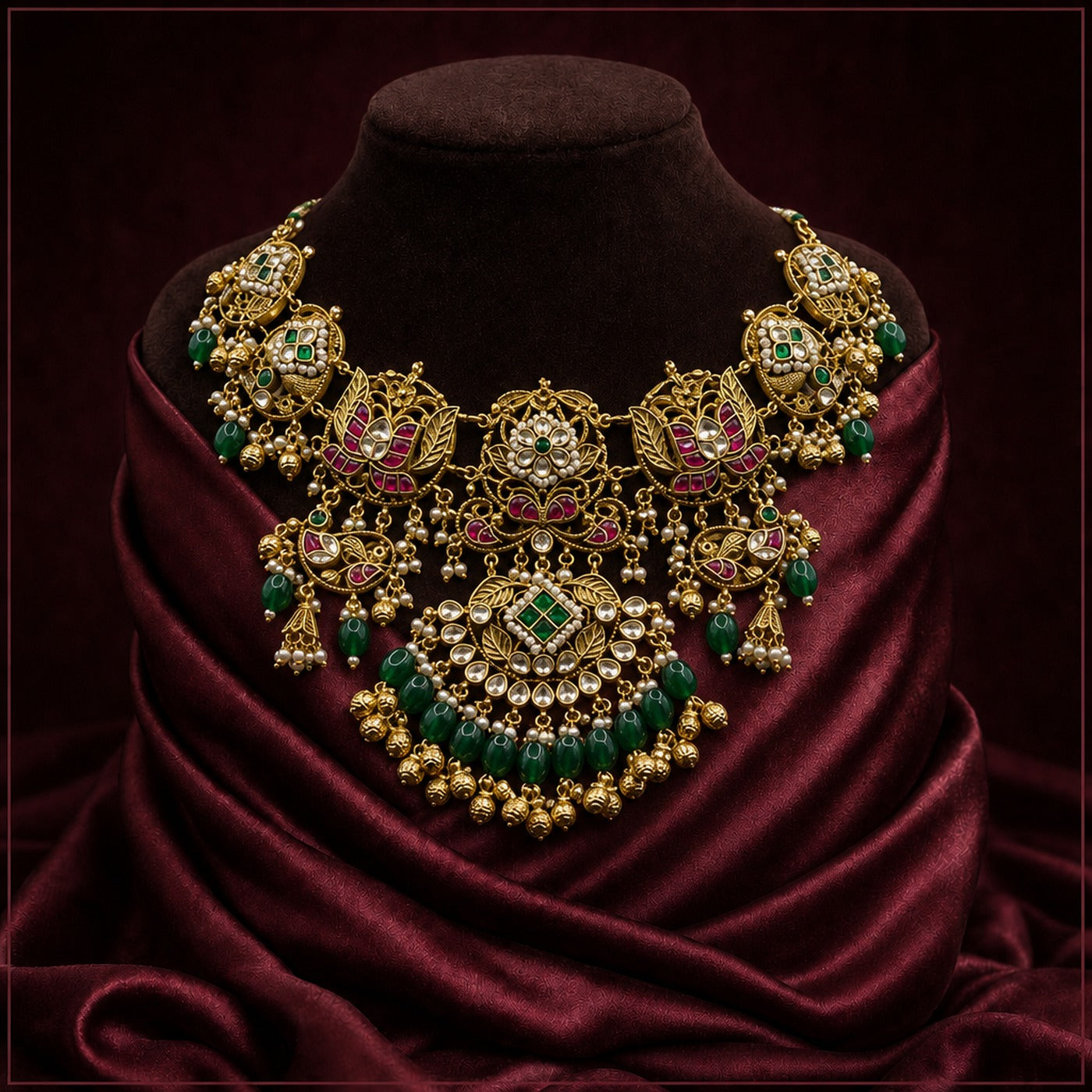 KA022_Rajmahal_Emerald_Heritage_Gold-Toned_Kundan_Bridal_Set_2